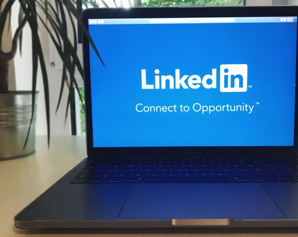A marketing intern’s laptop with the LinkedIn logo